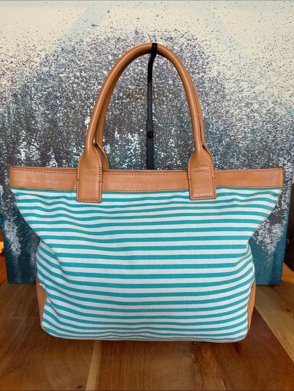 Tory Burch Rare Coastal Grandmother 2010’s Sophia Striped Canvas Tote Aqua GUC